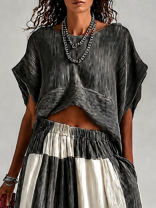 Pleated Colorblock Wide-Leg Set