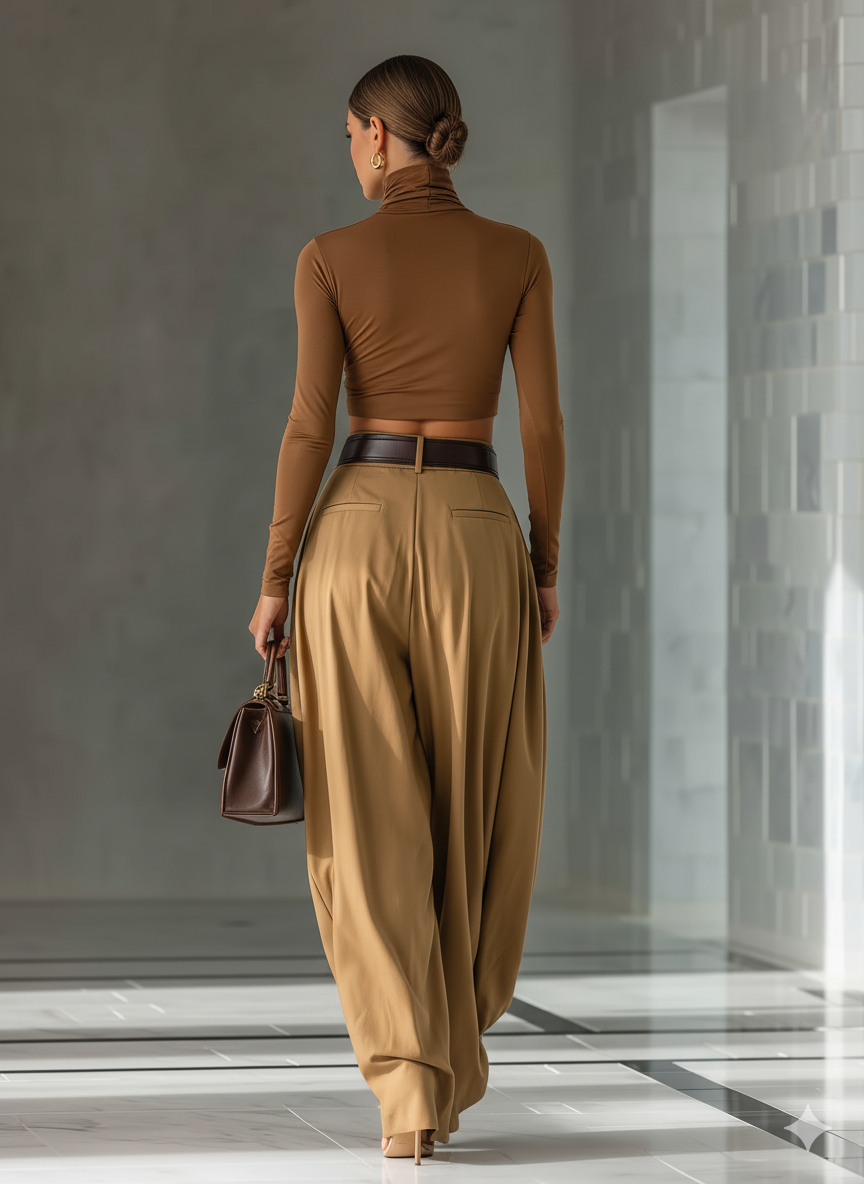 Women's Blended Brown Top And Wide-leg Pants Set