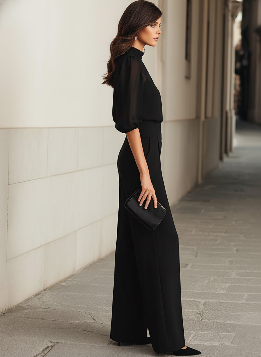 Transparent chiffon sæt med vidde bukser i tre dele