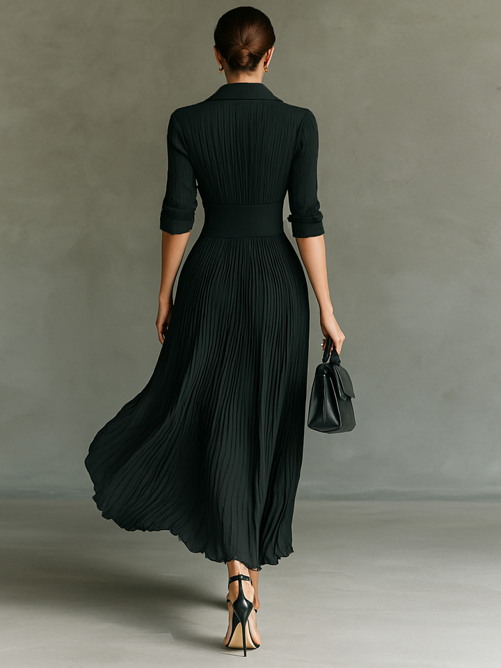 Robe longue à manches longues, taille plissée, col à revers, couleur unie