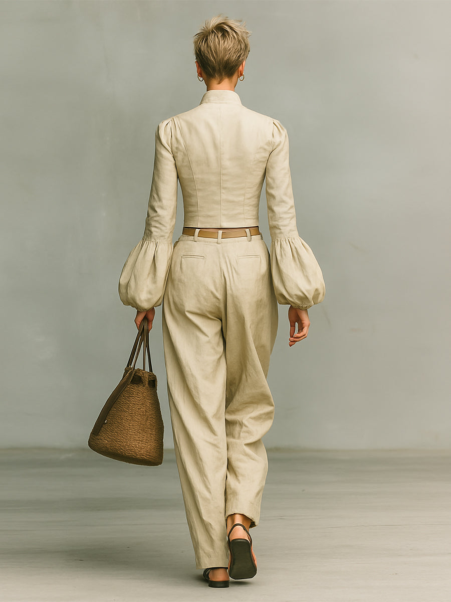 Women's Retro Linen-like Fabric Stand-up Collar Single-breasted Shirt Trousers Two-piece Set