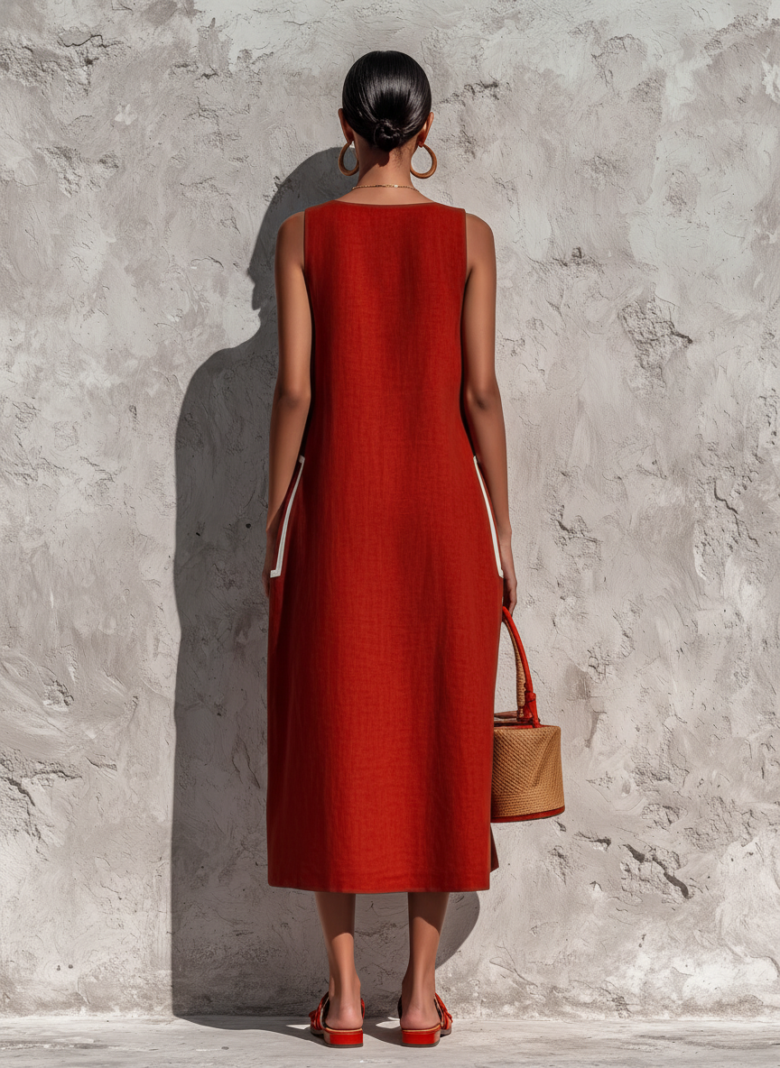 Vestido Midi com Bolso e Piping Vermelho
