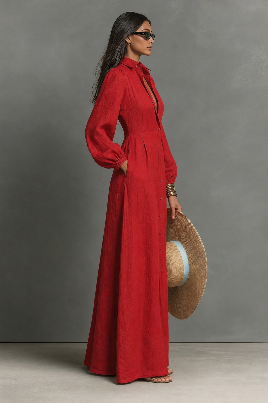 Button Front Fitted Maxi Dress