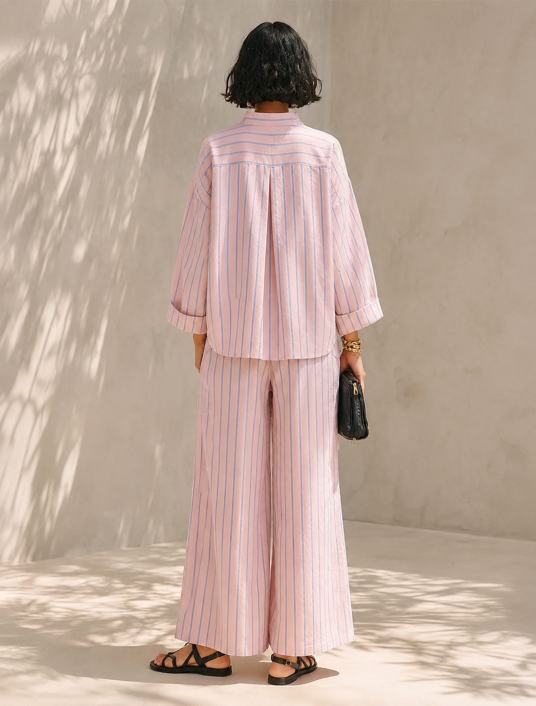 Striped Half-Zip Wide-Leg Set
