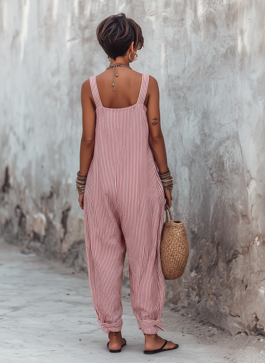Minimalistisk stribet ærmeløs jumpsuit med firkantet hals