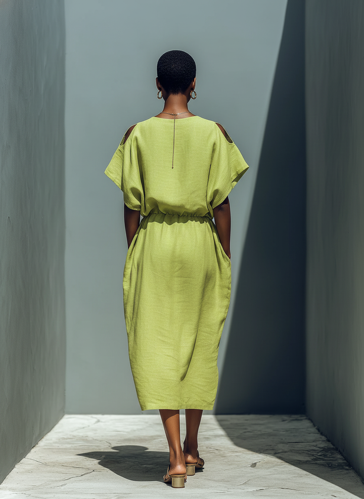 Robe midi en lin mélangé vert citron à épaules dénudées