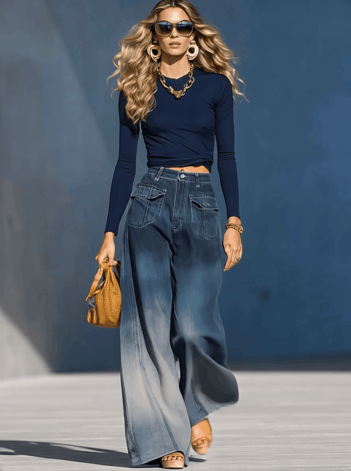 Casual Fashion Gradient Washed Denim Blue Gray Loose Pants