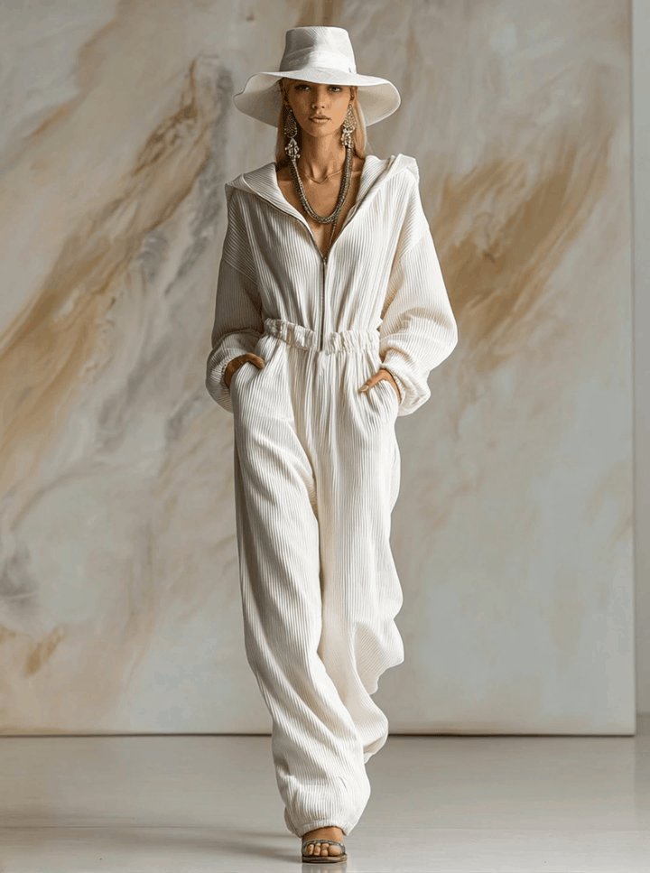 Casual Loose Fashionable White Corduroy Hooded Front Zipper Long Sleeve Jumpsuit