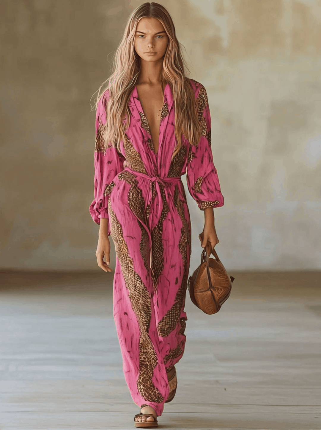 Casual Loose Rose Red Chiffon Leopard Print Long-Sleeved Jumpsuit