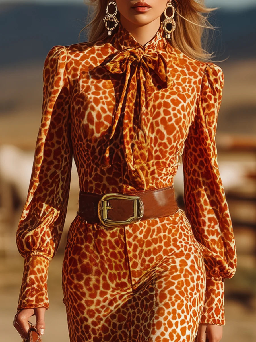 Retro Ruffled Orange Leopard Velvet Maxi Dress