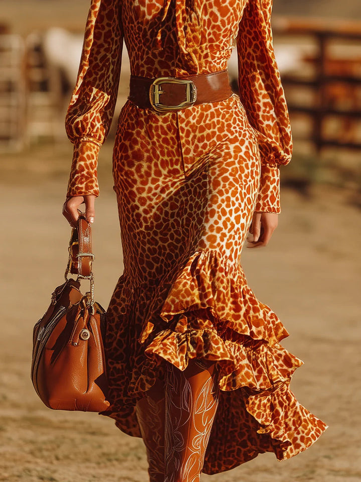 Retro Ruffled Orange Leopard Velvet Maxi Dress