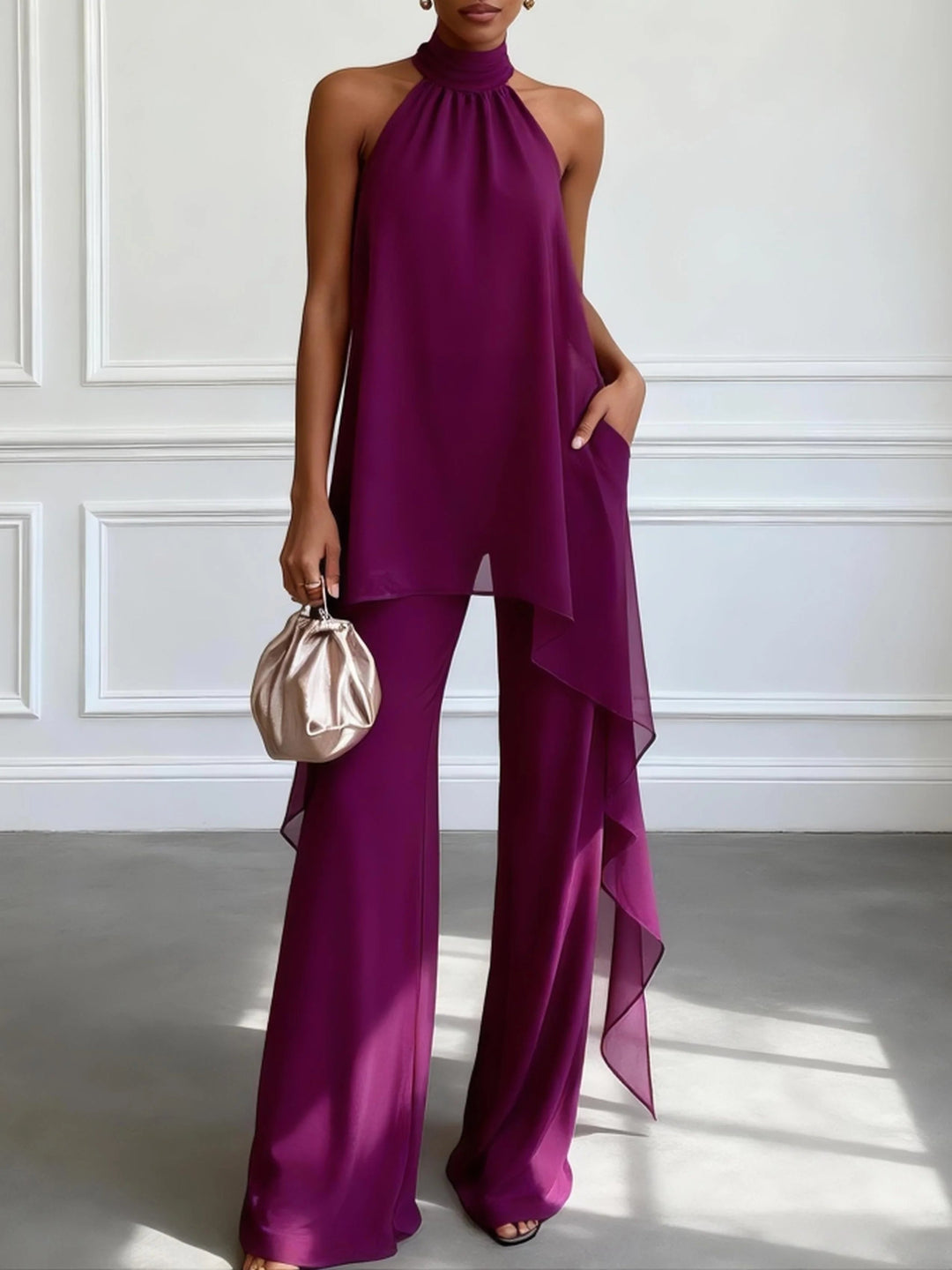 Ensemble deux pièces élégant violet : top sans manches à col licou avec pantalon