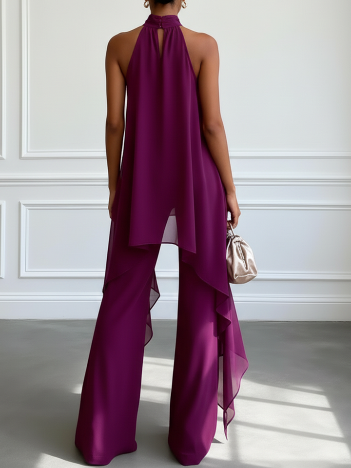 Ensemble deux pièces élégant violet : top sans manches à col licou avec pantalon