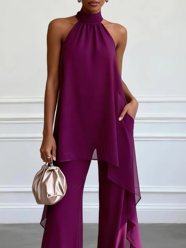 Ensemble deux pièces élégant violet : top sans manches à col licou avec pantalon