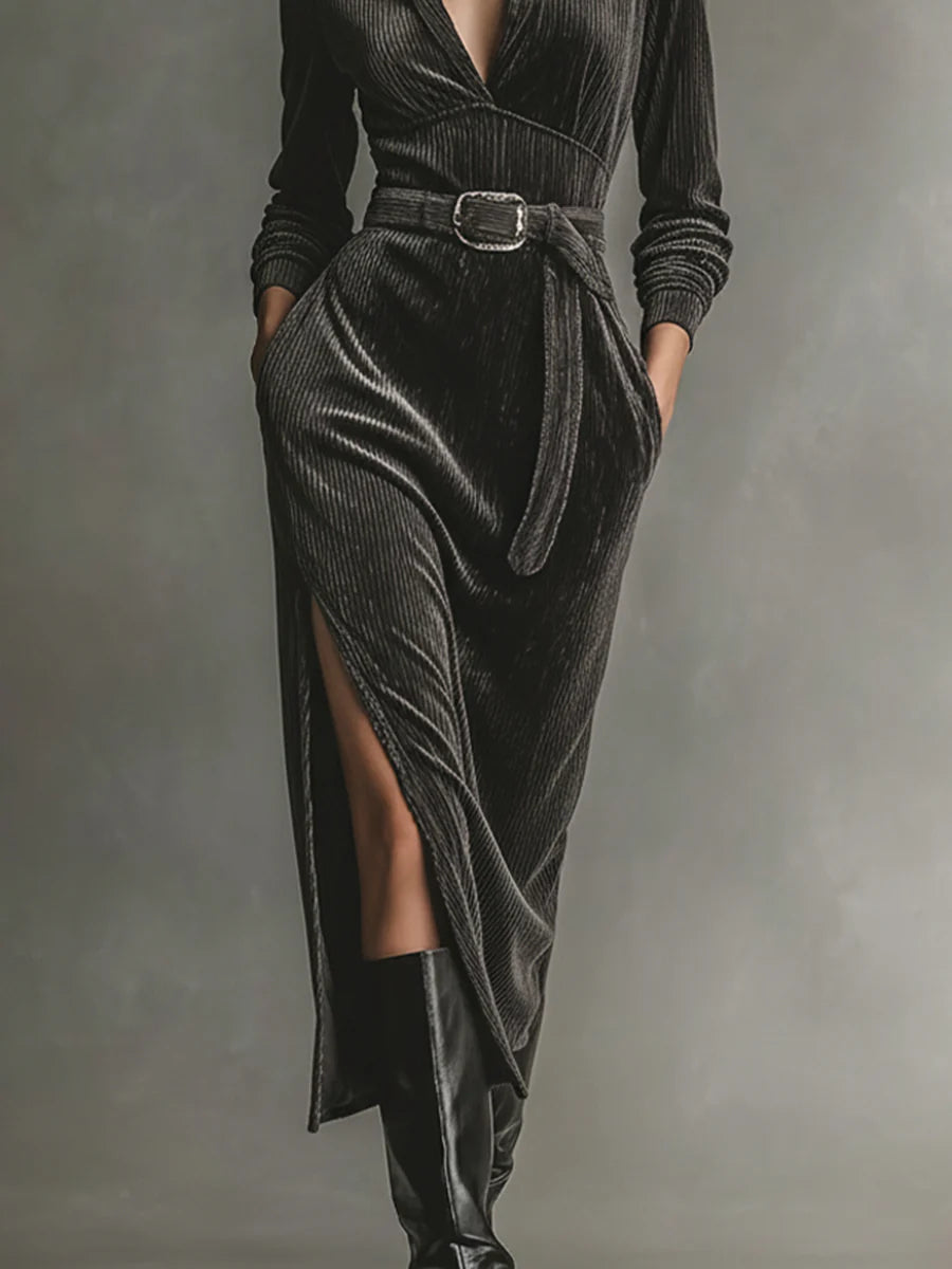 Elegant Corduroy Dress with Tie Neck and Side Slits