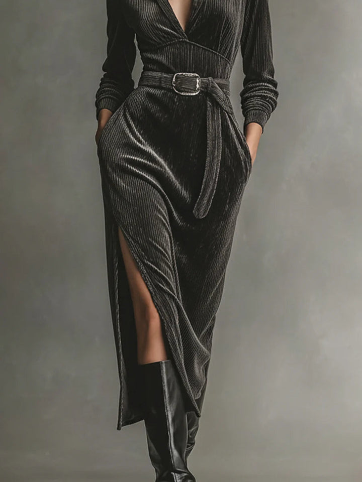 Elegant Corduroy Dress with Tie Neck and Side Slits