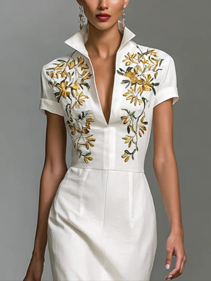 Printed V-neck short-sleeved midi dress