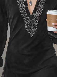 Faux Suede Embroidered Shirt Collar Mini Dress