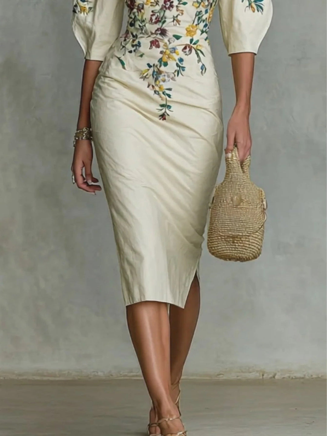 Women's floral print mid-sleeve slit dress