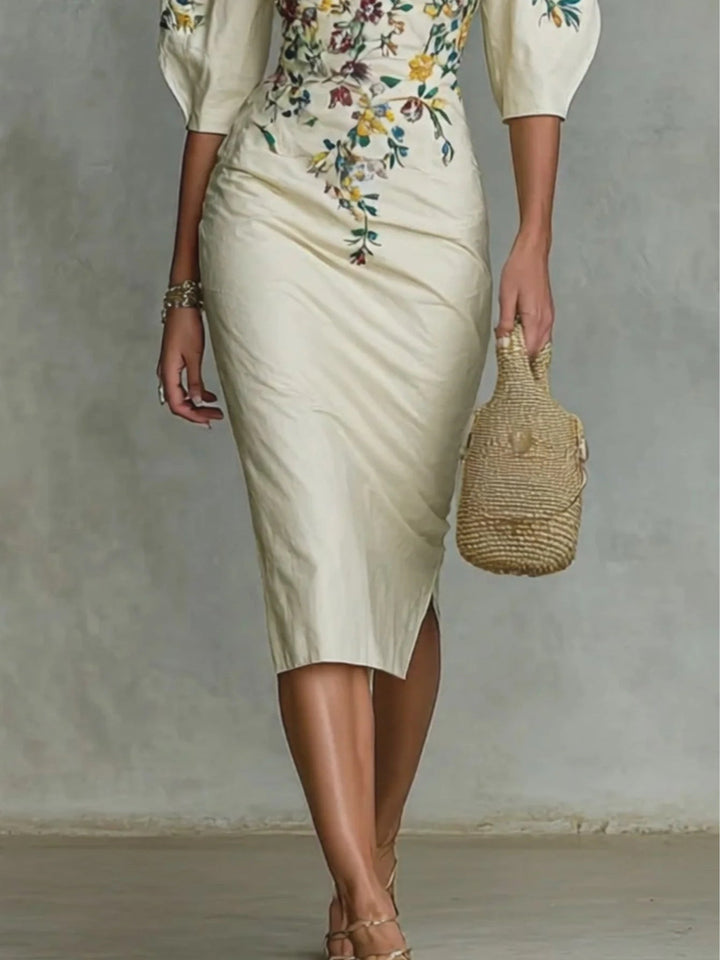 Women's floral print mid-sleeve slit dress