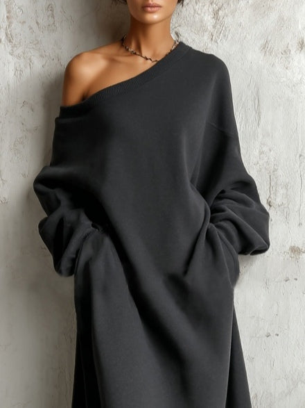 Black Off-shoulder Cotton Sweatshirt Maxi Dress