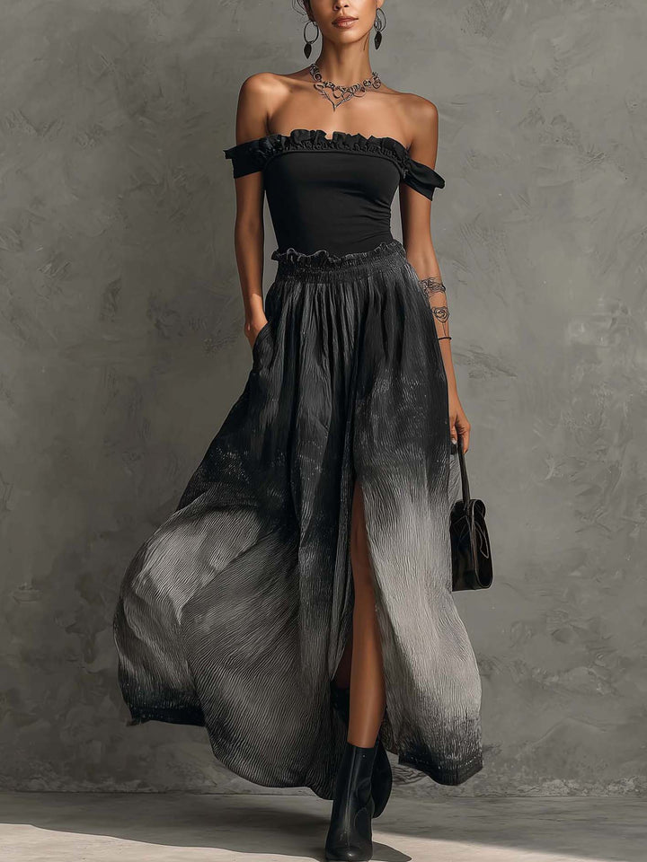 Sort off-shoulder top med flæser og gradient plisseret maxinederdel sæt