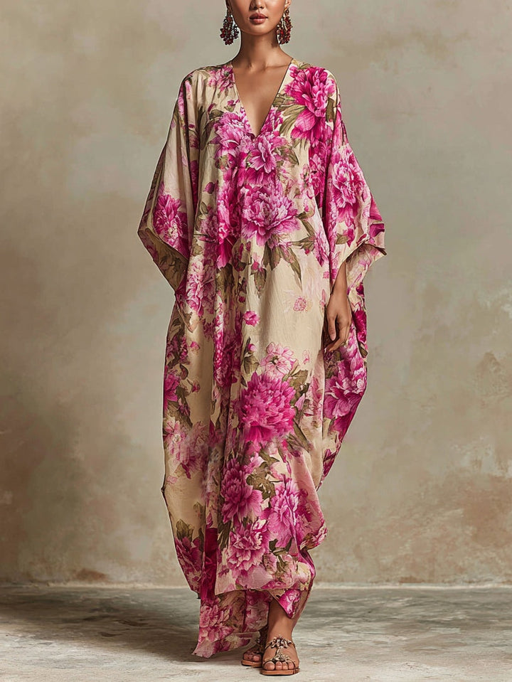 Floral Art Resort V-hals Flagermusærme Kaftan Maxi-kjole