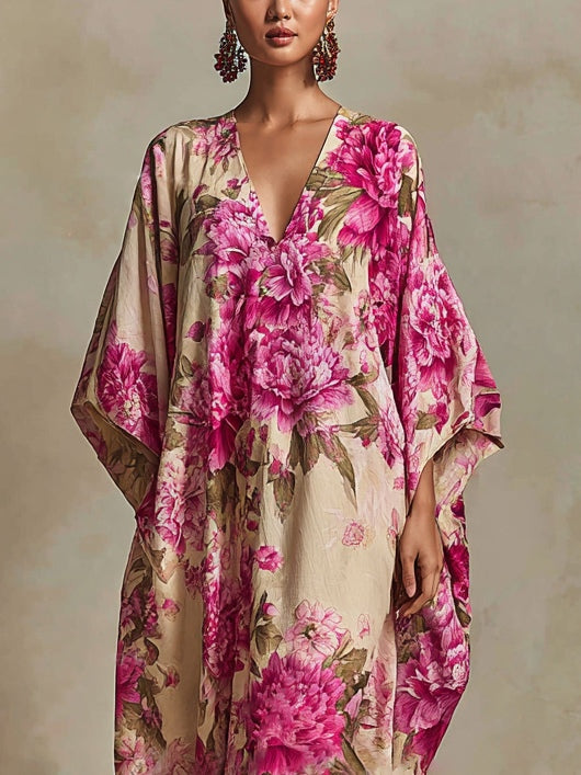 Floral Art Resort V-hals Flagermusærme Kaftan Maxi-kjole