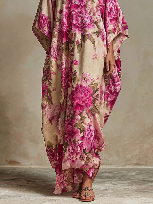 Floral Art Resort V-hals Flagermusærme Kaftan Maxi-kjole