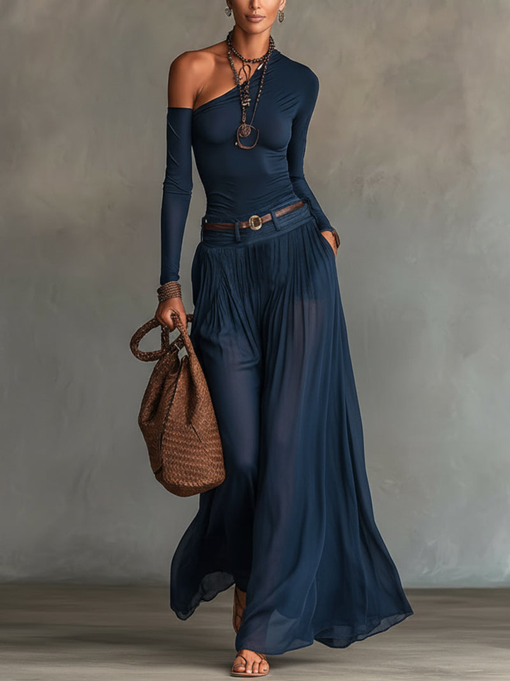 Ensemble jupe en chiffon bleu marine à une épaule