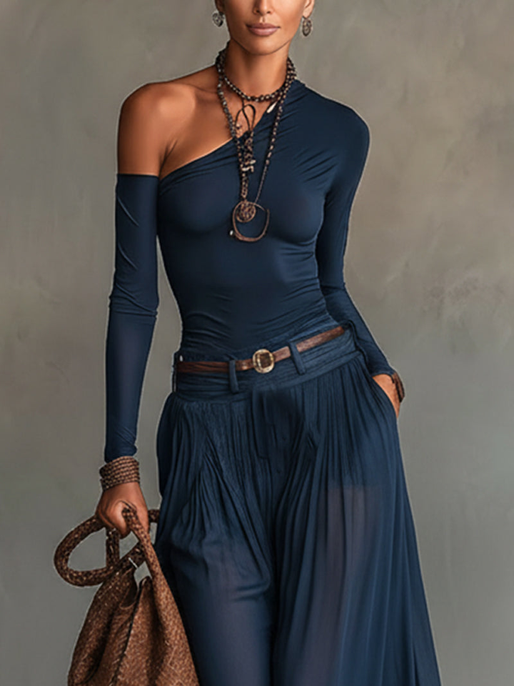 Ensemble jupe en chiffon bleu marine à une épaule