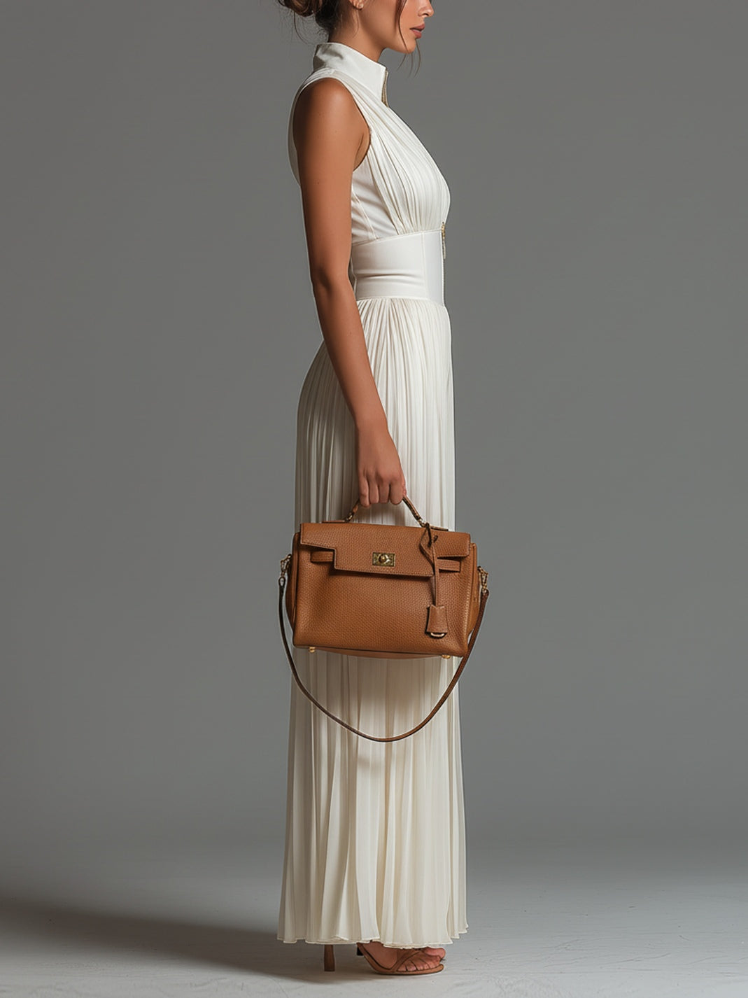 Weißer ärmelloser Jumpsuit aus Chiffon mit V-Ausschnitt, Reißverschluss, Plisseefalten und weitem Bein