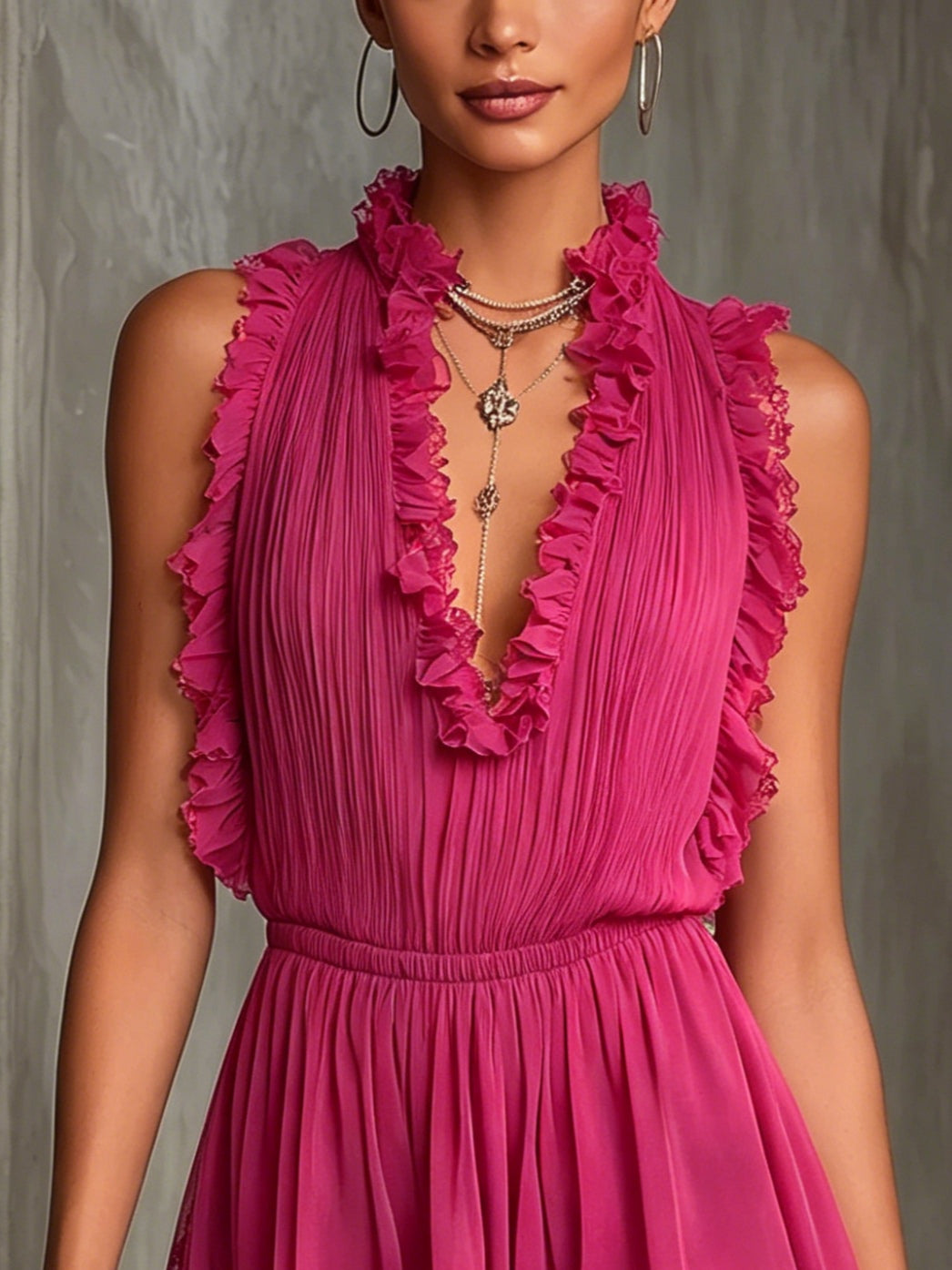 Fuchsia jumpsuit i chiffong med plisserad volangkant och spetsdetaljer