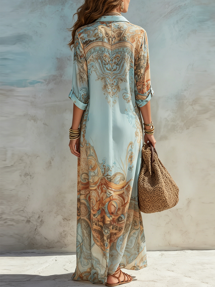 Maxikleid mit blauem Blumenmuster und Hemdkragen