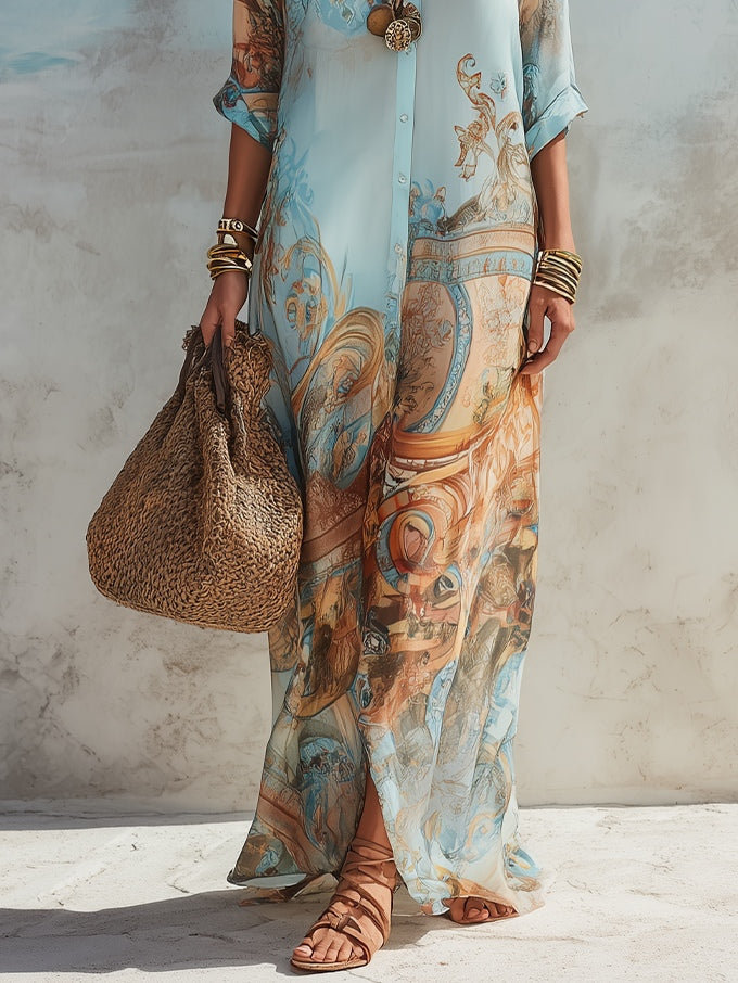 Maxikleid mit blauem Blumenmuster und Hemdkragen