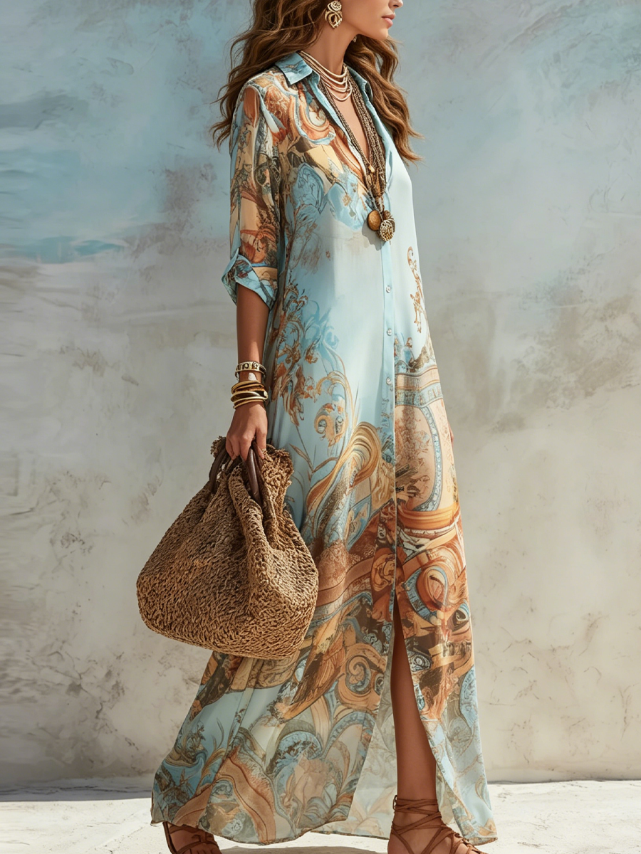 Maxikleid mit blauem Blumenmuster und Hemdkragen