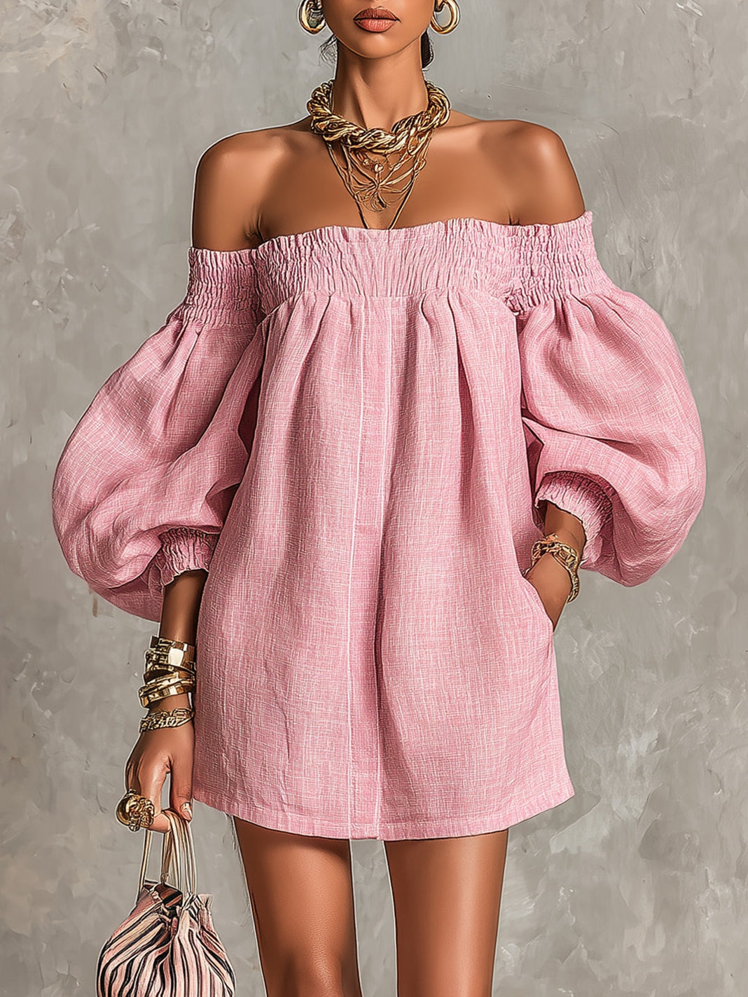 Robe mini rose à épaules dénudées, manches lanterne et coupe évasée ample