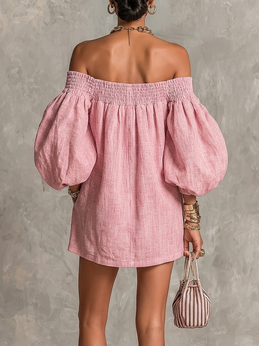 Robe mini rose à épaules dénudées, manches lanterne et coupe évasée ample