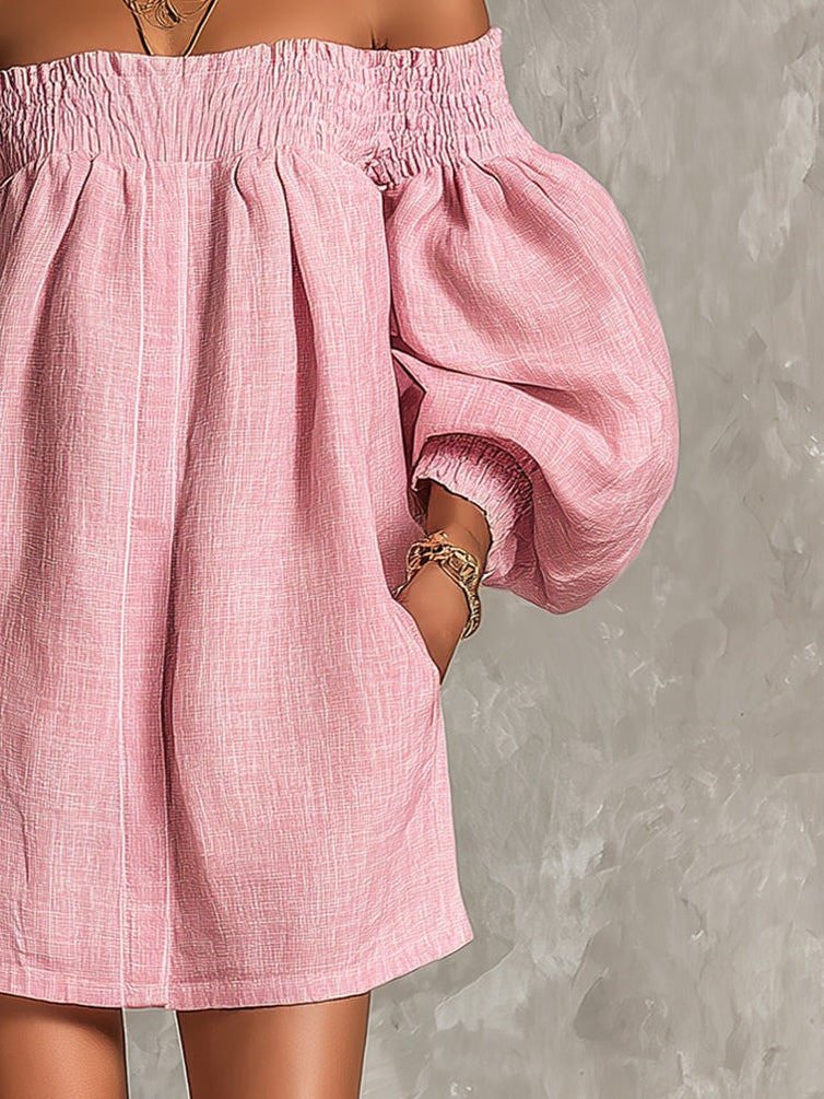 Robe mini rose à épaules dénudées, manches lanterne et coupe évasée ample