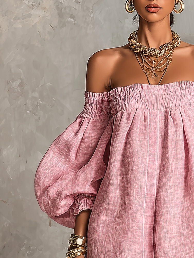 Robe mini rose à épaules dénudées, manches lanterne et coupe évasée ample