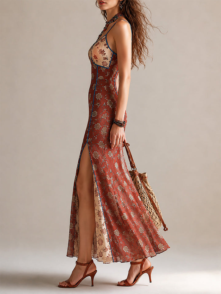 Rustfarvet blomstret chiffon maxikjole
