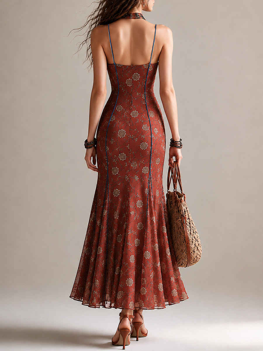 Rustfarvet blomstret chiffon maxikjole