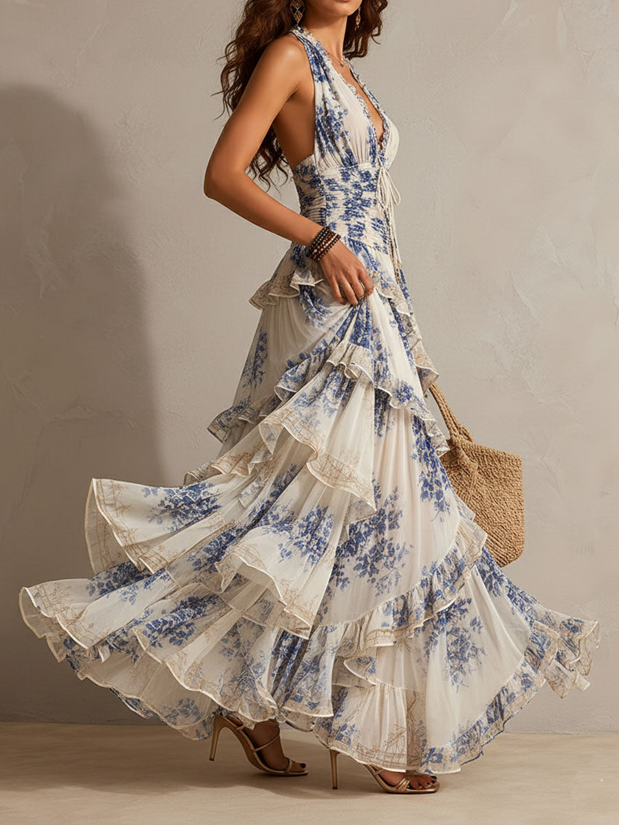 Blå blomsterprint halter maxi-kjole