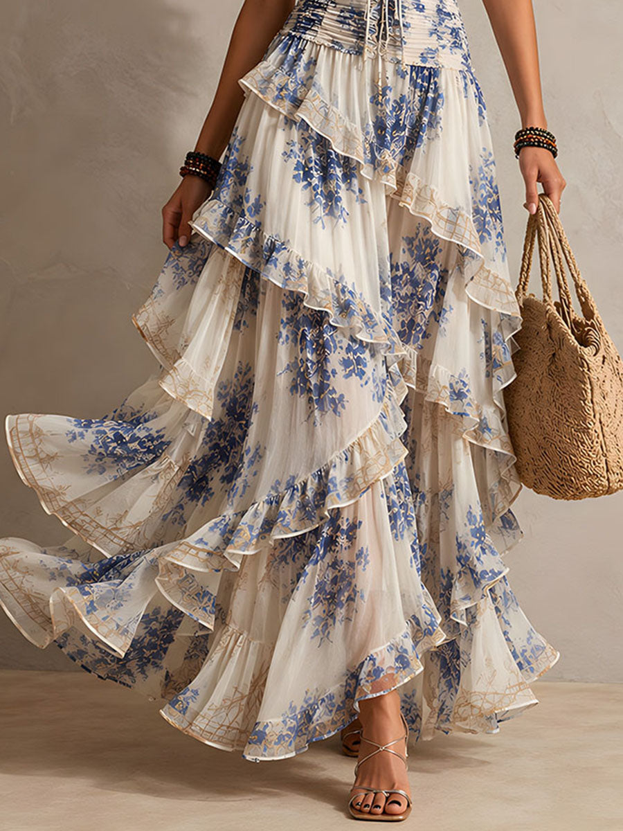 Blå blomsterprint halter maxi-kjole