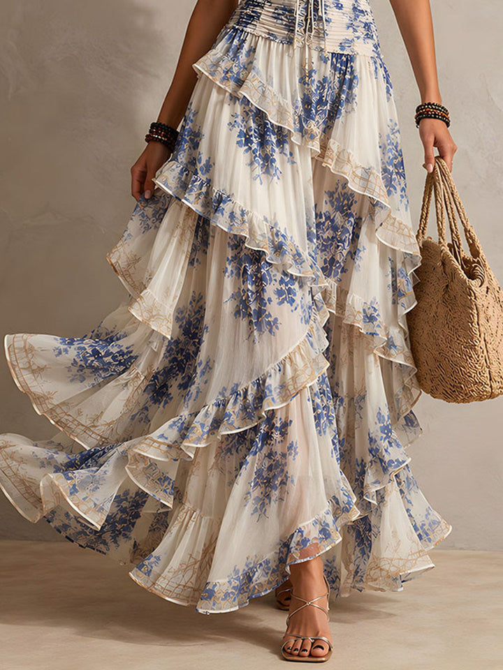 Blå blomsterprint halter maxi-kjole