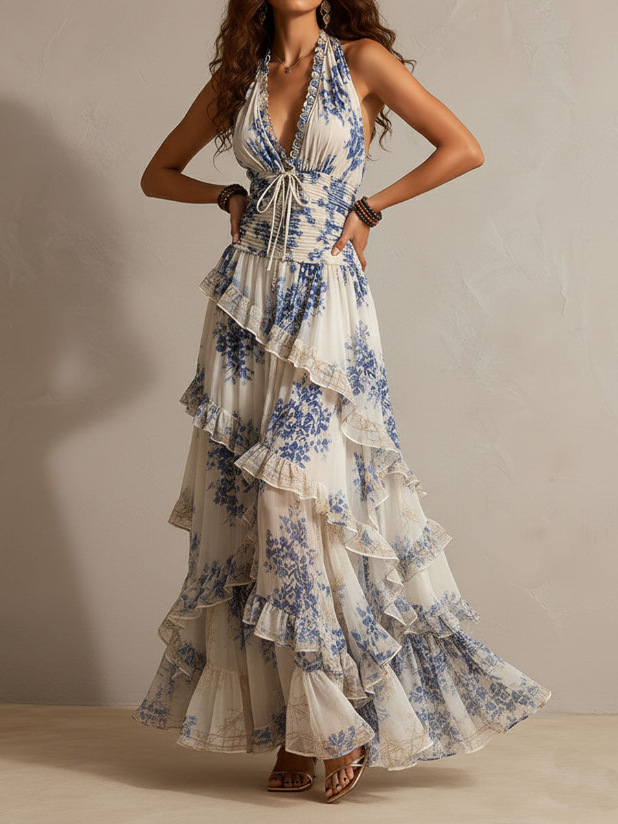 Blå blomsterprint halter maxi-kjole