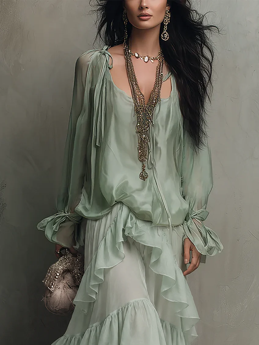 Ruffled Chiffon Layered Skirt Set