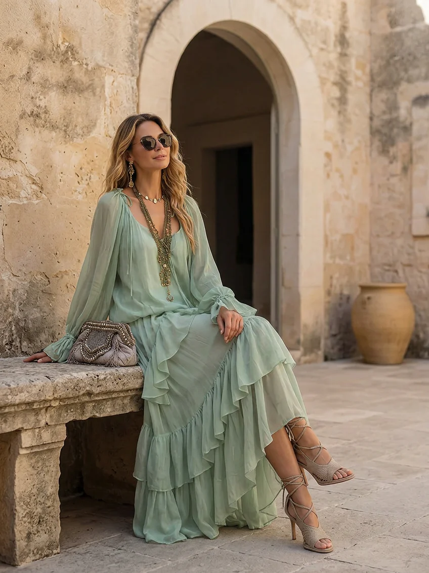 Ruffled Chiffon Layered Skirt Set