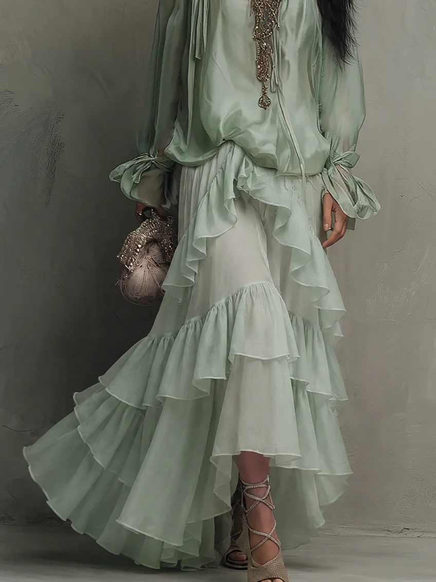 Ruffled Chiffon Layered Skirt Set