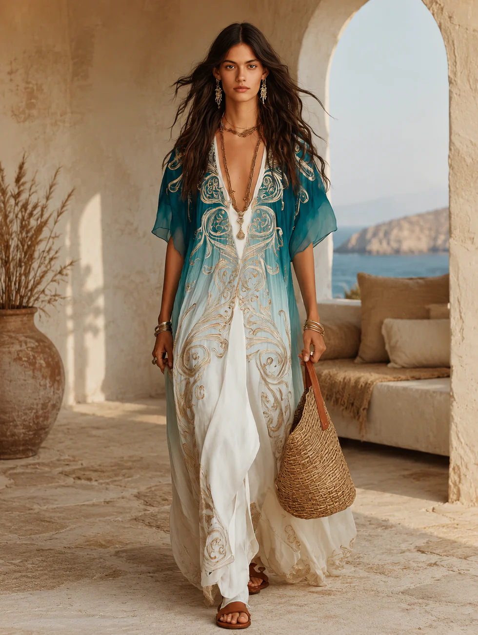 Abito lungo Kaftan Aqua Ombré